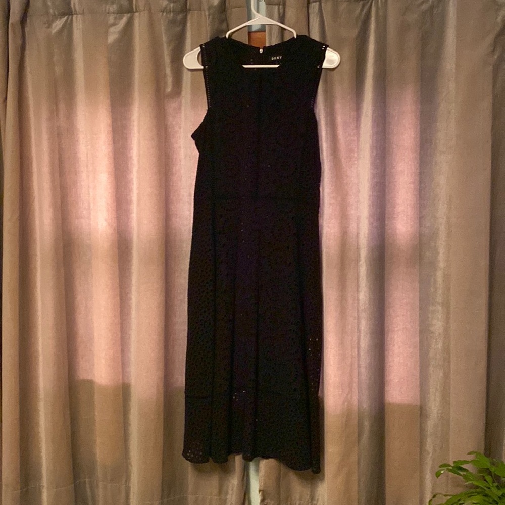 DKNY size 10 black eyelet sleeveless dress. Fit and flare. Worn only once!